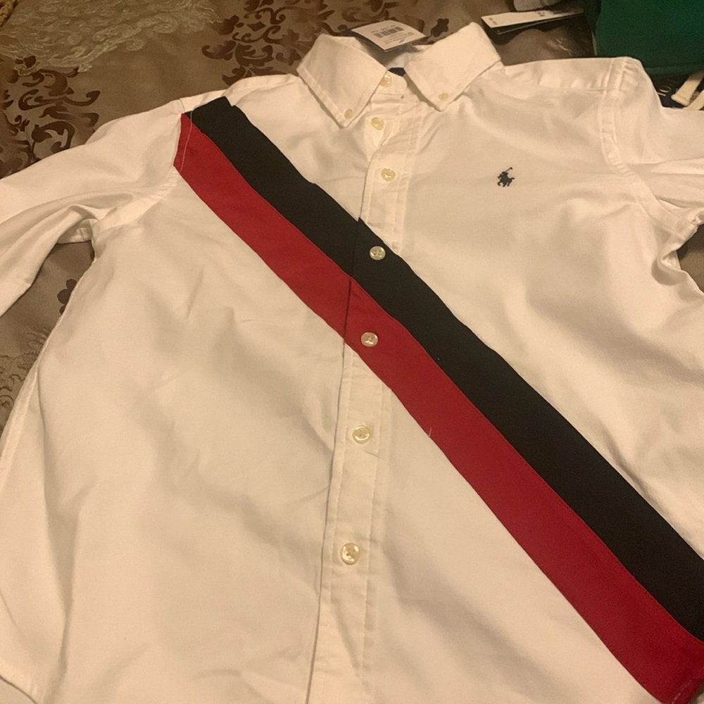 Boys size 10 polo by Ralph Lauren button down with tag  w navy and red stripe